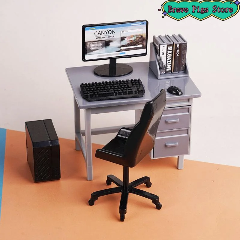 1 Set Computer Keyboard Desk Chair Kit Furniture Decor 1/12 Miniature Home Study Room