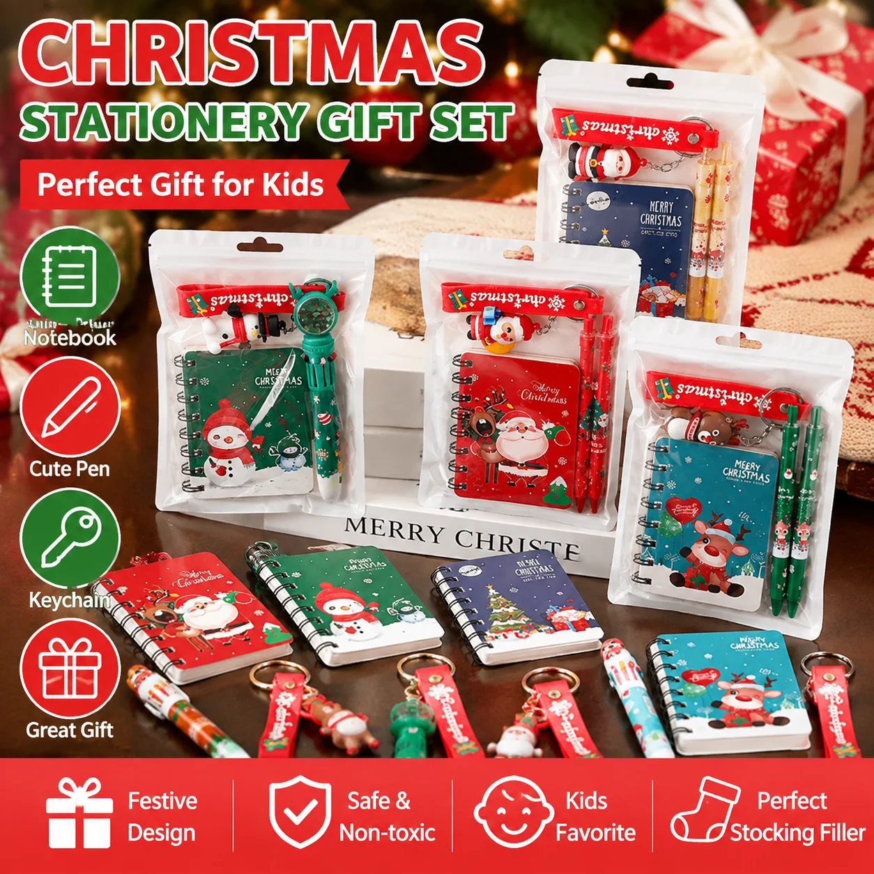 Santa Claus Christmas Stationery Notebook Pen Keychain Festive Holiday Gift Kids School Supplies Stocking Filler