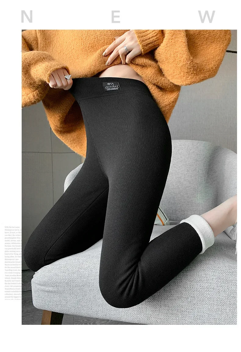 Winter-Leggings, dicke Thermohose, hoch taillierte Leggings, Damen-Leggings mit Gewinde, bequeme Stretch-Leggings, schwarz, dünn – Detail 18