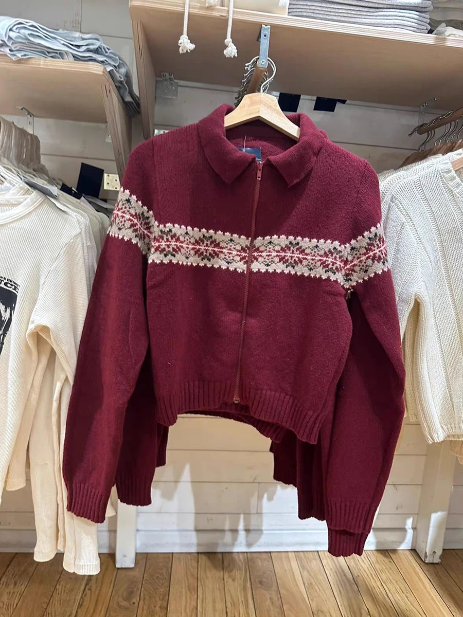Autumn Snow Jacquard Vintage Sweater Cardigan Woman Turn Down Collar Zipper Long Sleeve Coat Casual Chic Sweet Cotton Sweaters