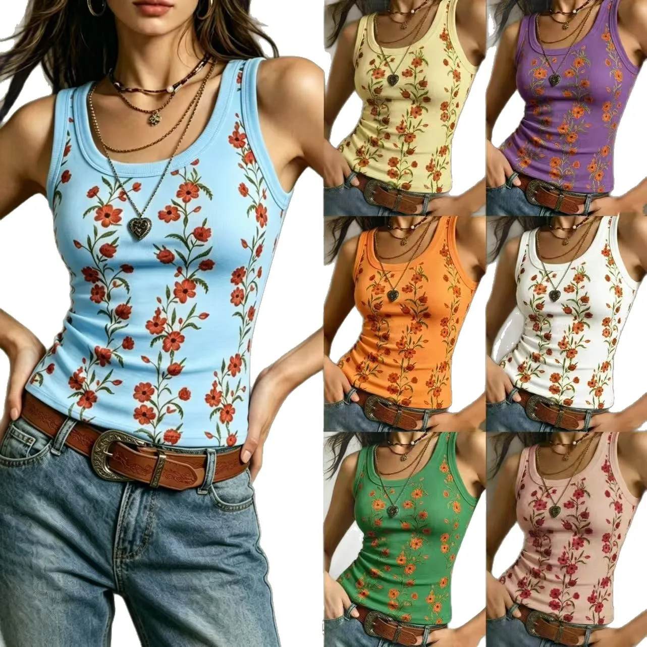 Printed Wear Top Regular Length Office Chic with Summer Elegant No Built in Bra Pad Slim Fit Floral Pattern Tanks Top for Women