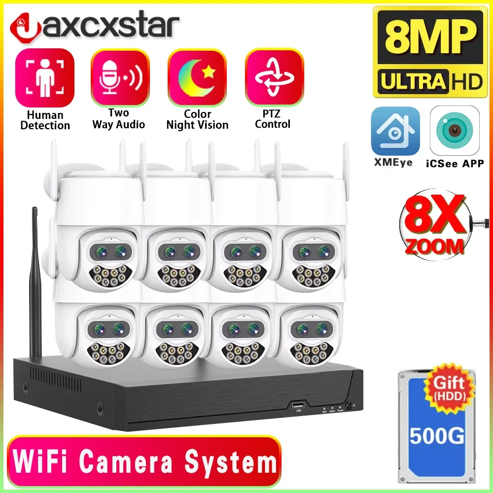 

4K 8MP PTZ Camera Outdoor 2.8+12mm Dual-Lens 8X Zoom Security Camera Auto Tracking P2P CCTV Surveillance 8CH Wifi NVR Kits iCSee