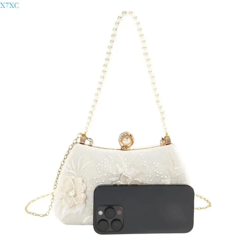 X7XC Floral Lace Pearls Top Handle Clutch Evening Purse With Detachable Chain Party Handbag Wedding Bridal Shoulder Bag