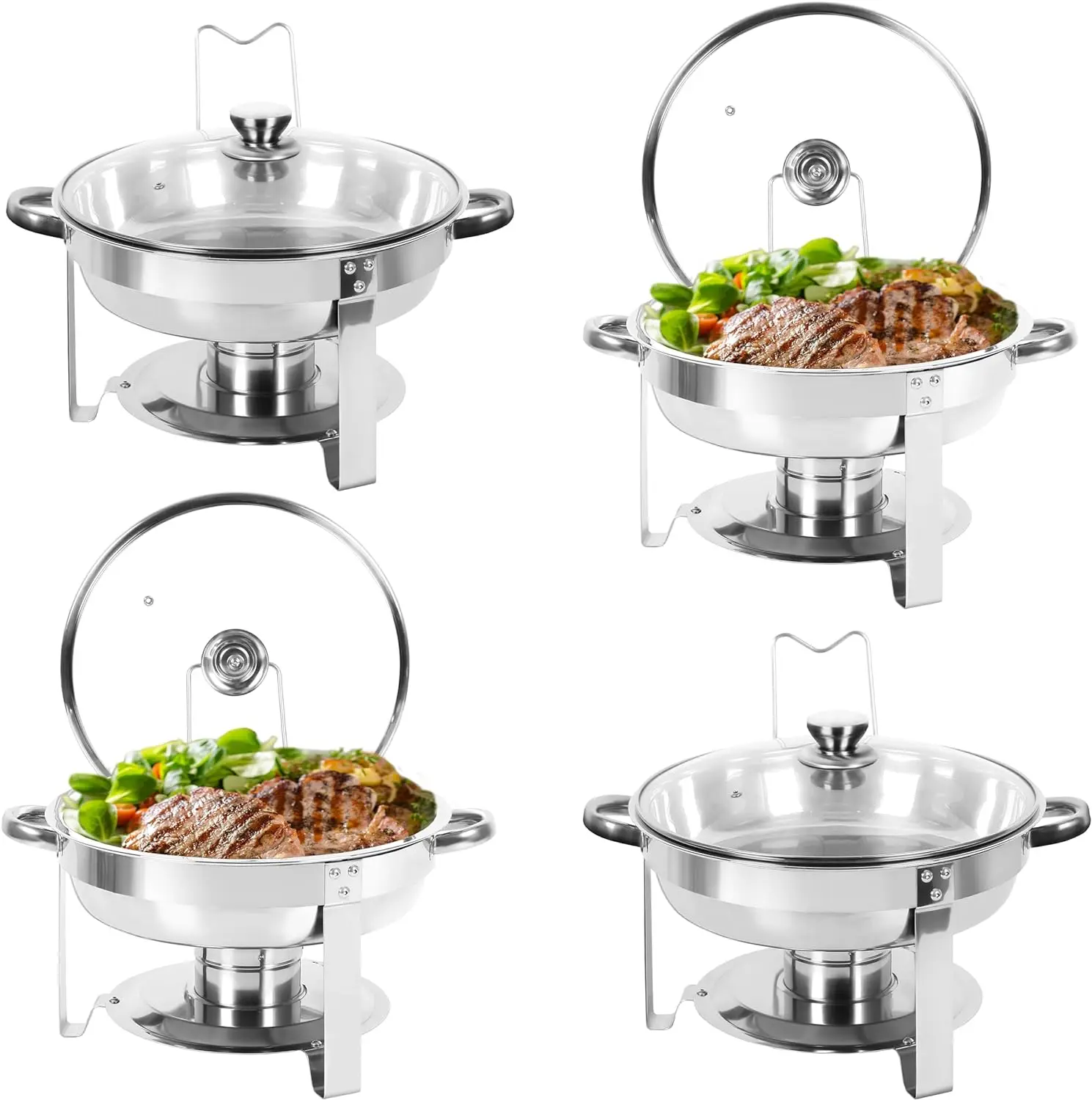 

Chafing Dish Buffet Set of 4, 5QT Round Stainless Steel Chafer for Catering, Upgraded Chafers and Buffet Warmer Sets with Glass