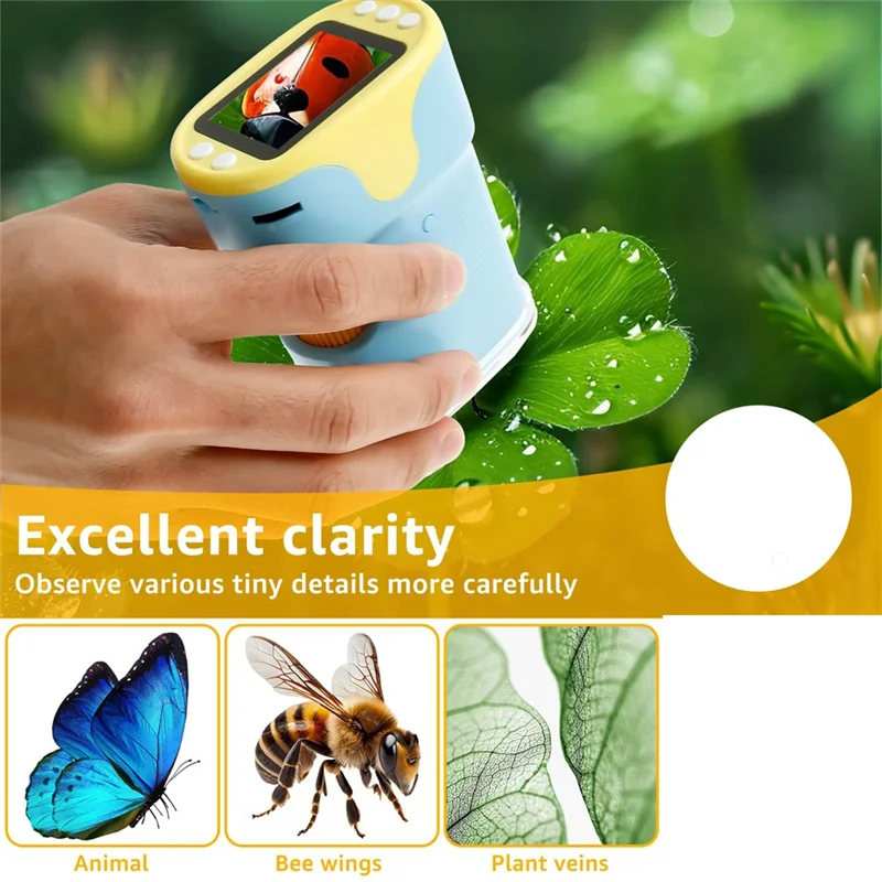 Microscópio 1000X para crianças, mini microscópio infantil portátil de bolso com tela de 2,0 polegadas e kit de slides, mini microscópio infantil