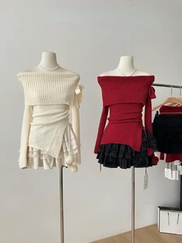 Sonbahar Kış Katı Seksi Kadın Etek Seti Kore Moda Slash Boyun Vintage Zarif Yay Kazak A-line Kek Etekler Iki Parçalı Setler