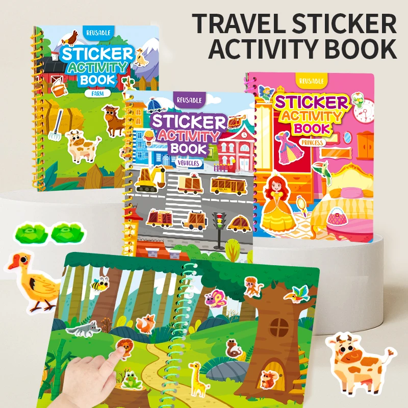 4Pcs Reusable Sticker Activity Book, Kids Cartoon Sticker Book, Travel Portable Quiet Sticker Book, Early Educational Puzzle Toy