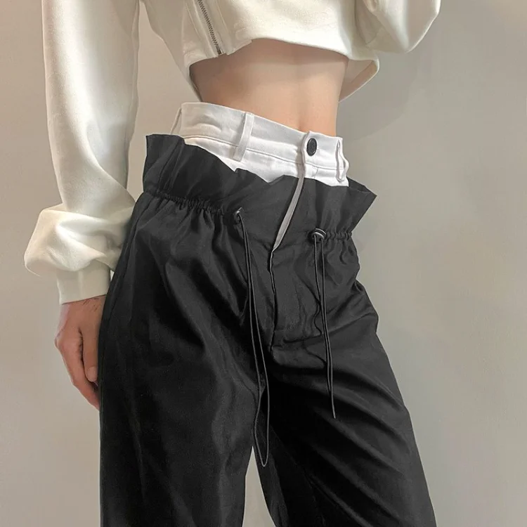 

American Vintage Black White Patchwork Pants Sexy Hot Drawstring High Waist Trousers Y2k Streetwear All-match Straight Bottoms