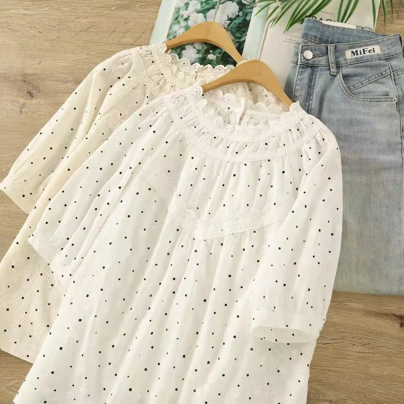 

Pure Cotton Women's Polka Dot Blouse, Lace Ruffle Neck Puff Sleeve Loose Casual Top, Vintage Cottagecore Floral Embroidered Shir