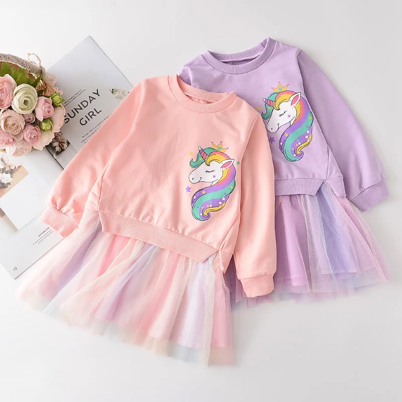 Menoea Girl Spring Cartoon Dress 2023 Autumn Style Cute Vestido Full Sleeve Unicorn Patchwork Kids Mesh Dresses Princess Clothes