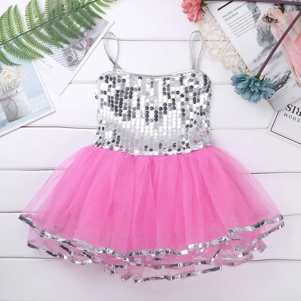 Kids Girls Sequined Jazz Dancewear Costume Gymnastics Leotard Modern Contemporary Dance Performing Clothes Children Ballet Dress