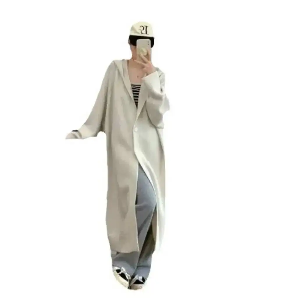 여성용 가을 겨울 후드 달린 롱 니트 가디건 심플한 단색 프렌치 스타일 캐주얼 코트