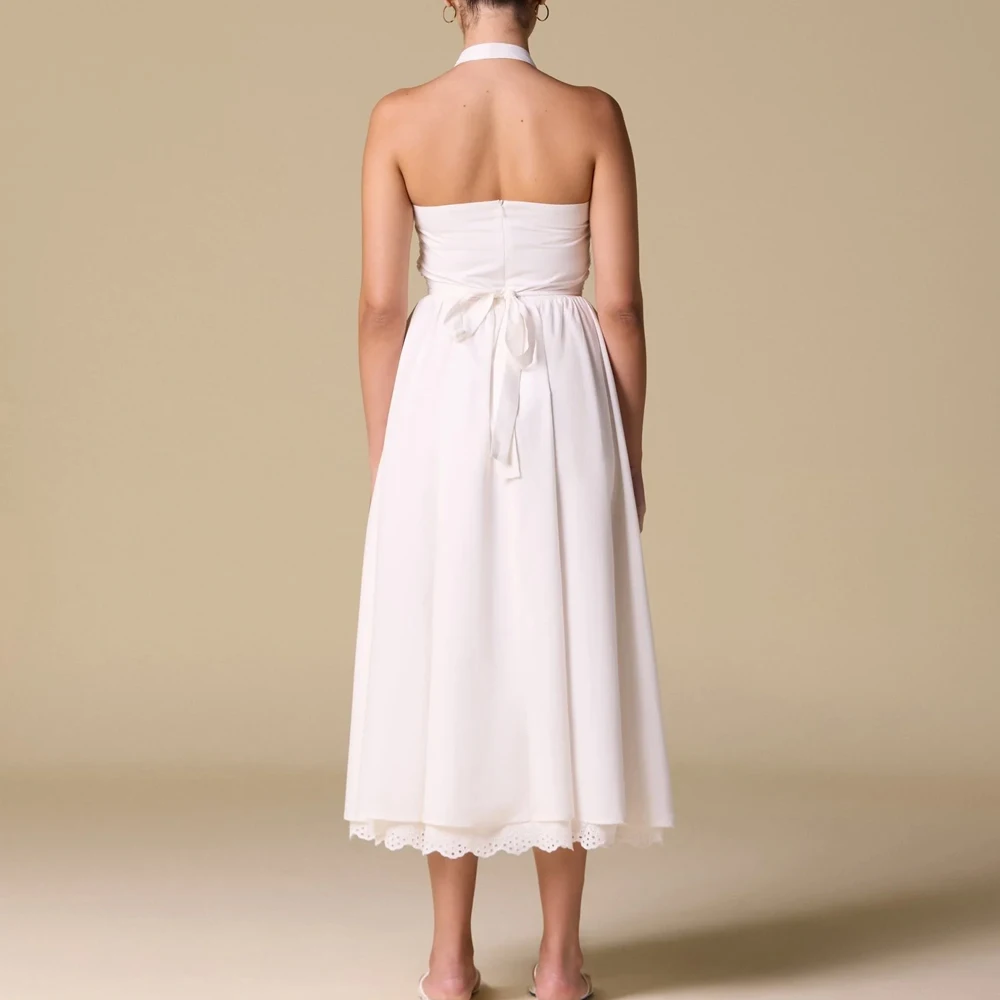 カスタマイズされたホワイトレーストリムホルターミディドレスAラインイブニングドレスフォーマルモダン絶妙な高品質プロムパーティガウン女性