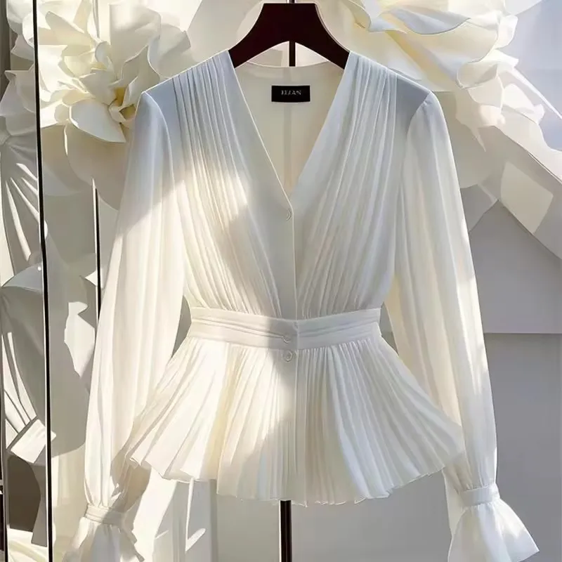 

Women V-Neck Long Sleeved White Shirts Top 2025 Summer New Korean Chic Cinched Waist Blouse Female