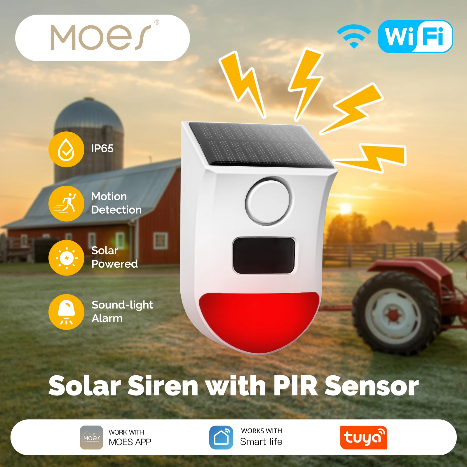 

MOES WiFi Smart Solar Siren with Remote & PIR Sensor Outdoor Siren Alarm,120dB Powered,Waterproof,Works with Alexa Google Home​