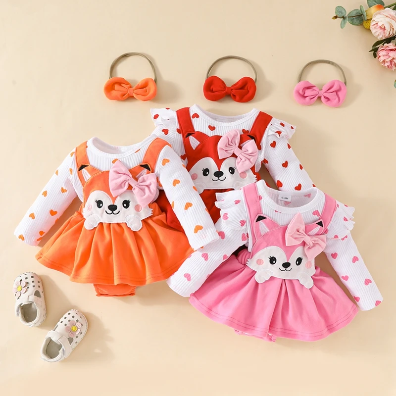 Baby Girls Christmas Clothes Cartoon Embroidered 3D Bow Romper Dress Long Sleeve Skirt Hem Bodysuits Headband 2Pcs Sets Outfit