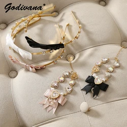 Japanese Princess Style All-Match Sweet Colorful Crystals Bow Headband Rhinestone Heart Bracelet Female Girls Hairband