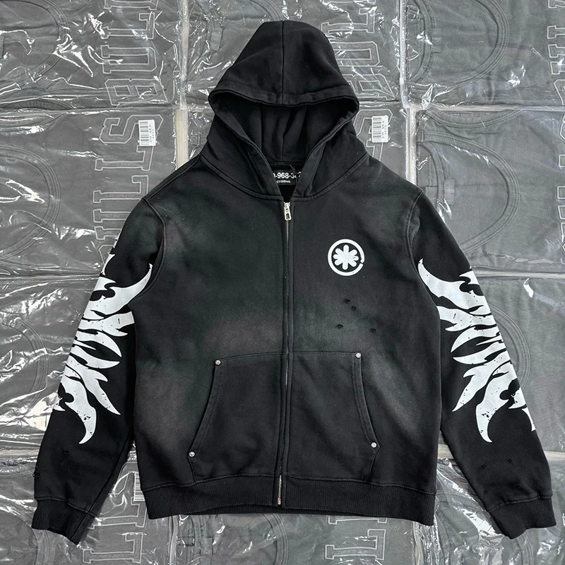 

High Street Classic Logo Print LOST SHDWS Hooded Sweatshirt Perforated Zipper Cardigan Men Women Loose Hip Hop Hoody