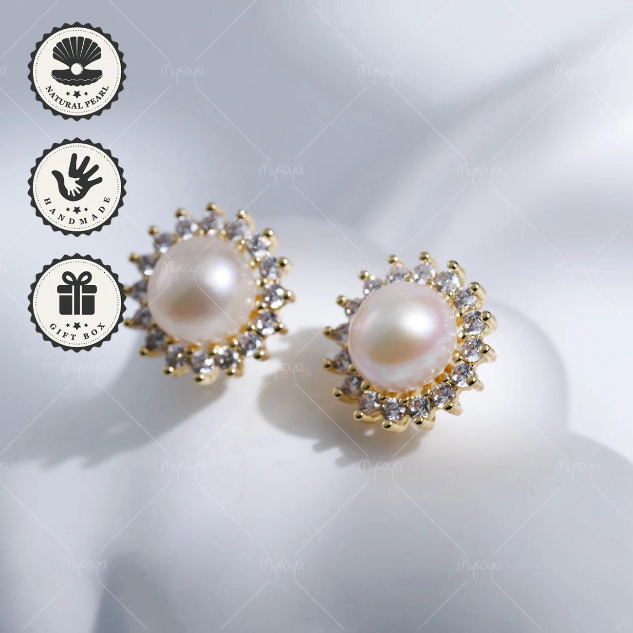

MYSOYA 8-9mm White Freshwater Pearl Sunflower Stud Earrings Golden With Gift Box Birthday Gift Valentine’s Day