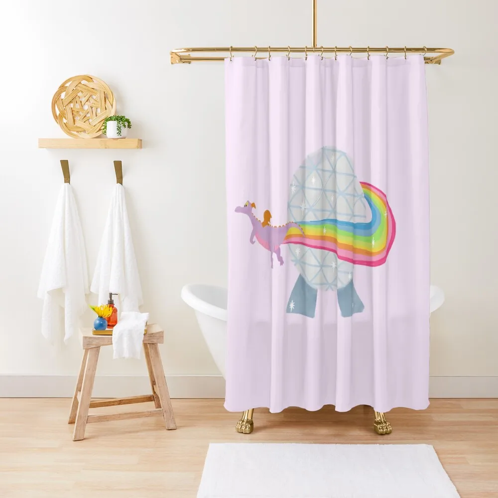 

Figment flying around epcot ball with rainbow Shower Curtain Bathtub Cover Shower Sets For Bathroom Elegant Bathroom Curtain