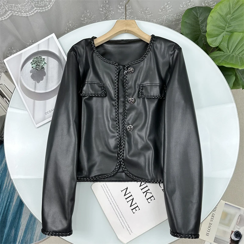 

Slimming Short Leather Jacket Women's Loose Fit round Neck Single Button Autumn New Style Fashion Commute Style Long Sleeve
