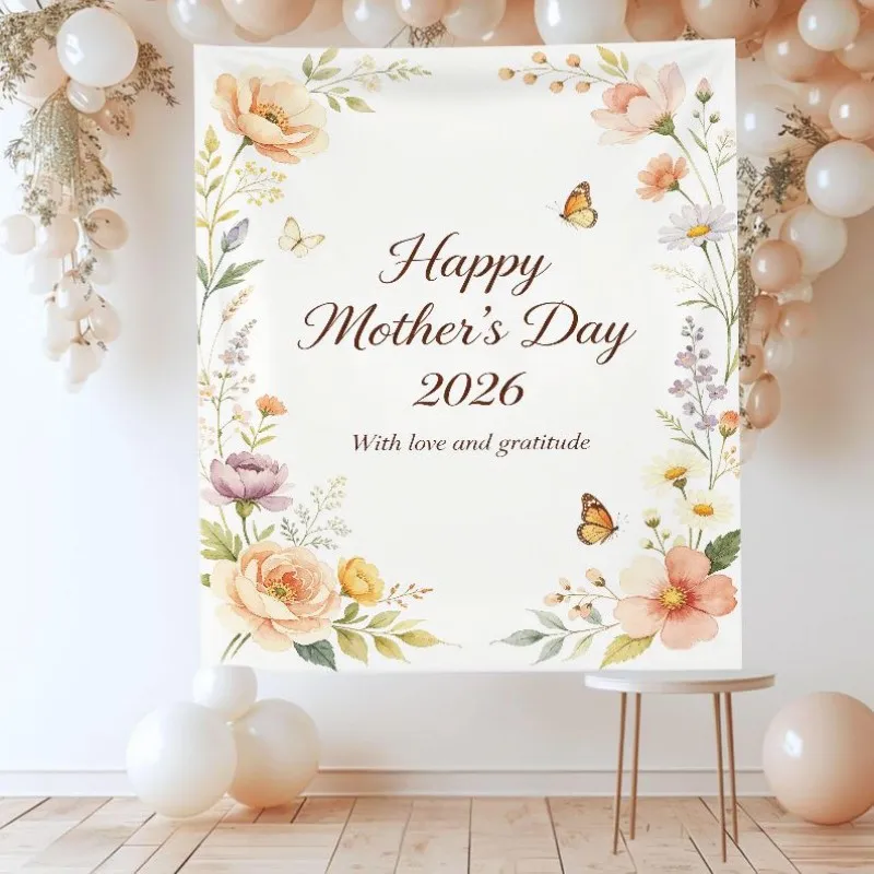 Happy Mother's Day Tapestry Peony Lily Printed Polyester Wall Hanging Party Decoration Wall Decoration