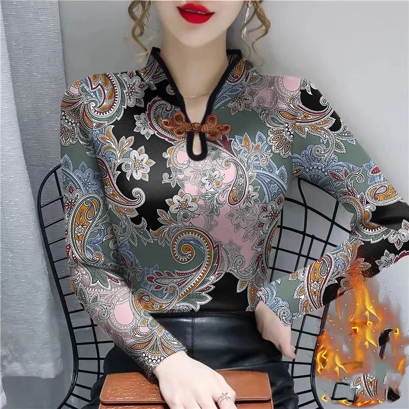 Women's Pullover V-Neck Button Hollow Out Bottom Autumn and Winter Fashion Chinese Style Long Sleeve Printed Slim T-shirt Tops