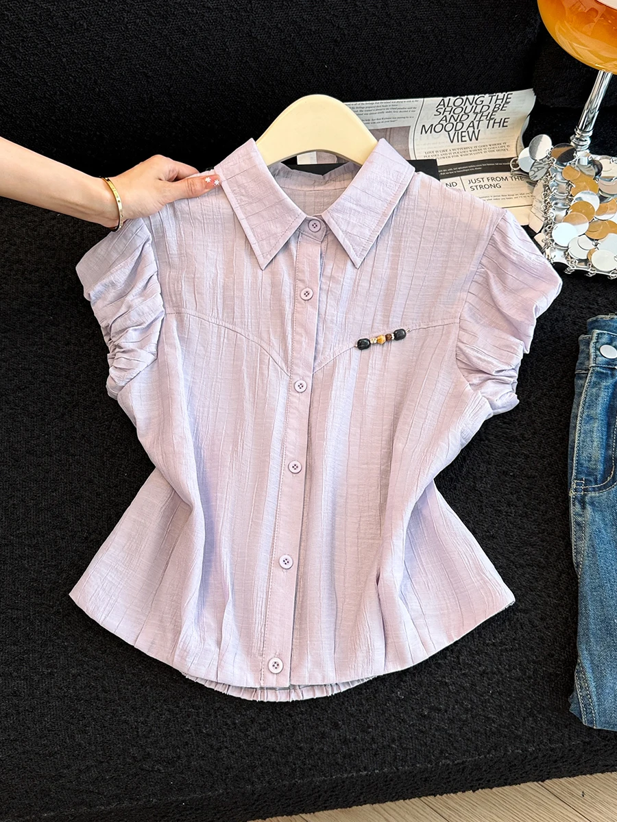 

French Style Collar Short Sleeve Bubble Sleeve Shirt for Women Beautiful Design Unique Sweet Anti-Aging Summer Top