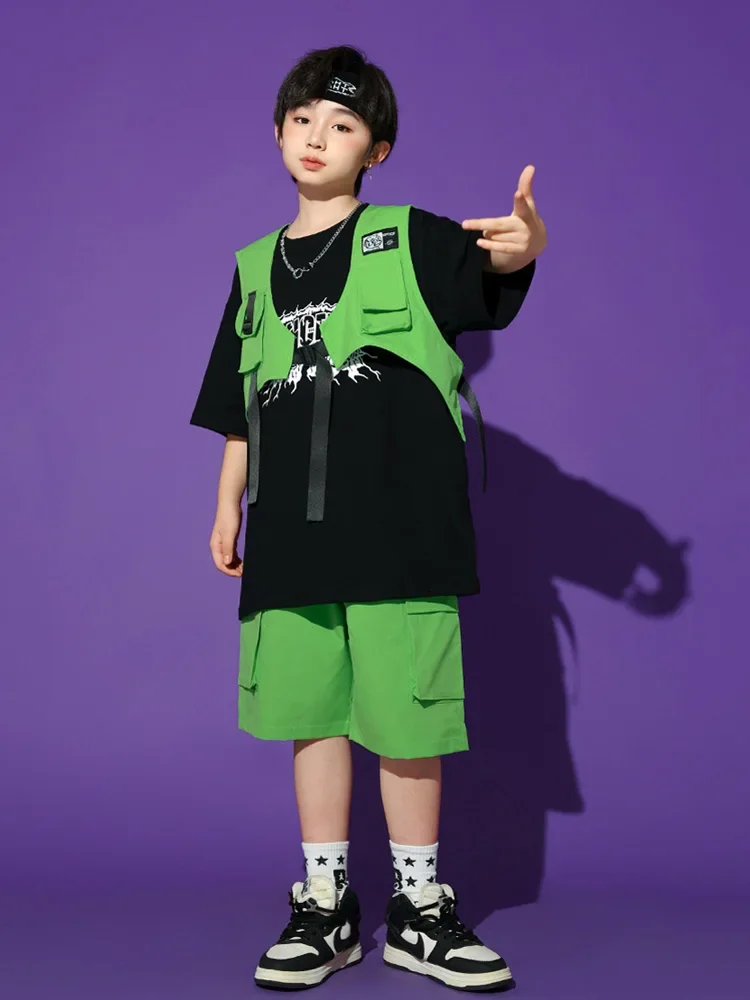 Kinder Hip Hop Sets Schwarzes T-shirt Grüne Weste Shorts für Jungen Mädchen K-pop Street Dance Kleidung Jazz Kostüm Kinder streetwear