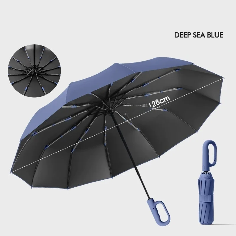 NONE Extra großer Regenschirm mit 12-Knochen-Ring-Schnalle vorne, vollautomatisch, tragbar, windbeständig, doppelter Verwendungszweck, zusammenklappbarer Regenschwarz-Kleber um 4