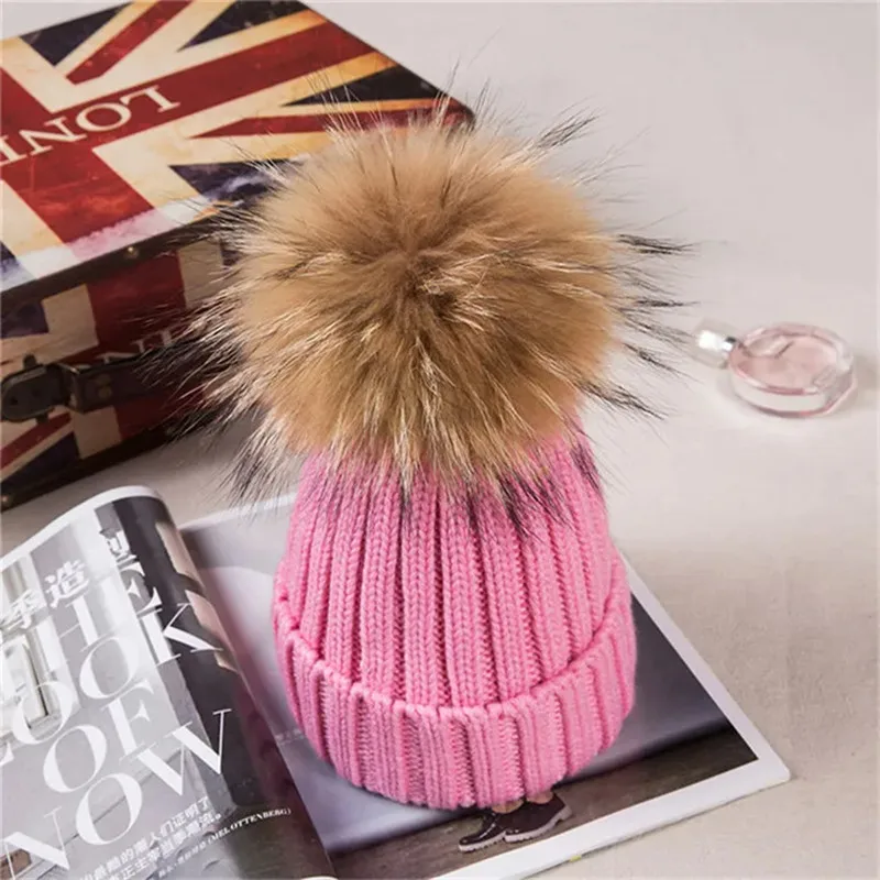 Chapeau à pompons en fourrure de raton laveur véritable pour femme, bonnets Skullies pour garçon et fille, casquette optique pour l\'hiver