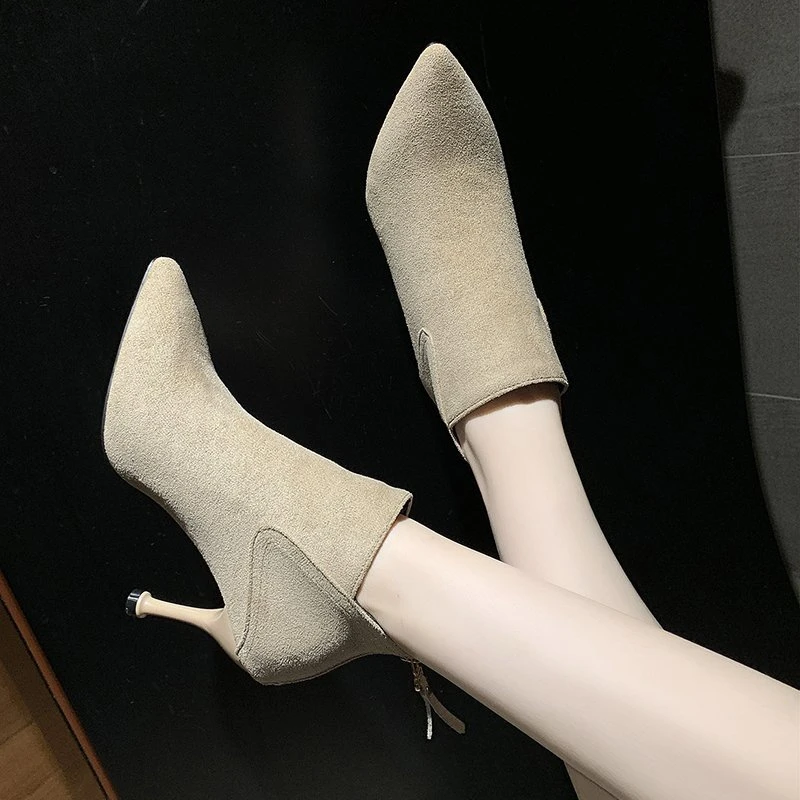 Autumn And Winter New Pointed Toe Thin-heeled Mid-heeled Boots High-heeled Lnternet Celebrity Versatile Short Suede Nude Boots