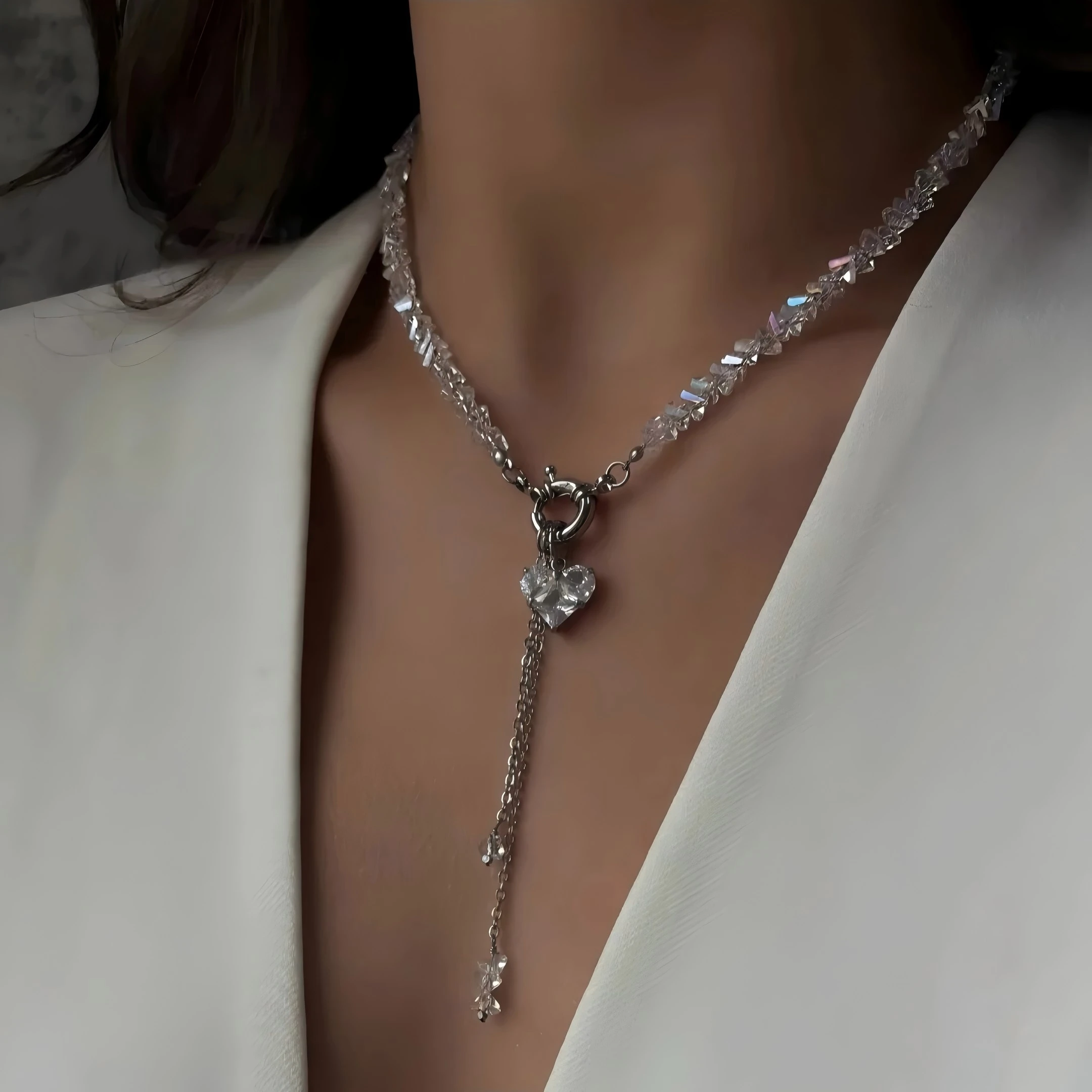 

Fashion Vintage Sexy Tassels Zircon Heart Pendant Necklace for Women Boho Geometric Baroque Transparent Crystal Chain Jewelry