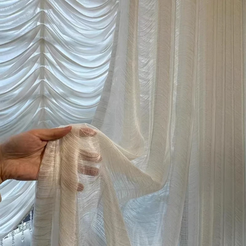 French Light Luxury Modern Style Pearlescent Bright Silk Three Layer High-end Atmosphere Gauze Curtain For Living Room Bedroom