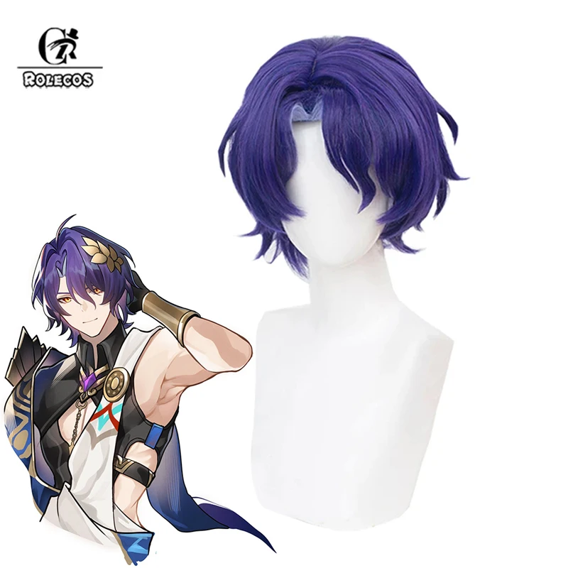 ROLECOS Dr. Ratio Cosplay Wigs Game Honkai Star Rail Dr. Ratio 35cm Short Mixed Purple Men Wig Heat Resistant Synthetic Hair