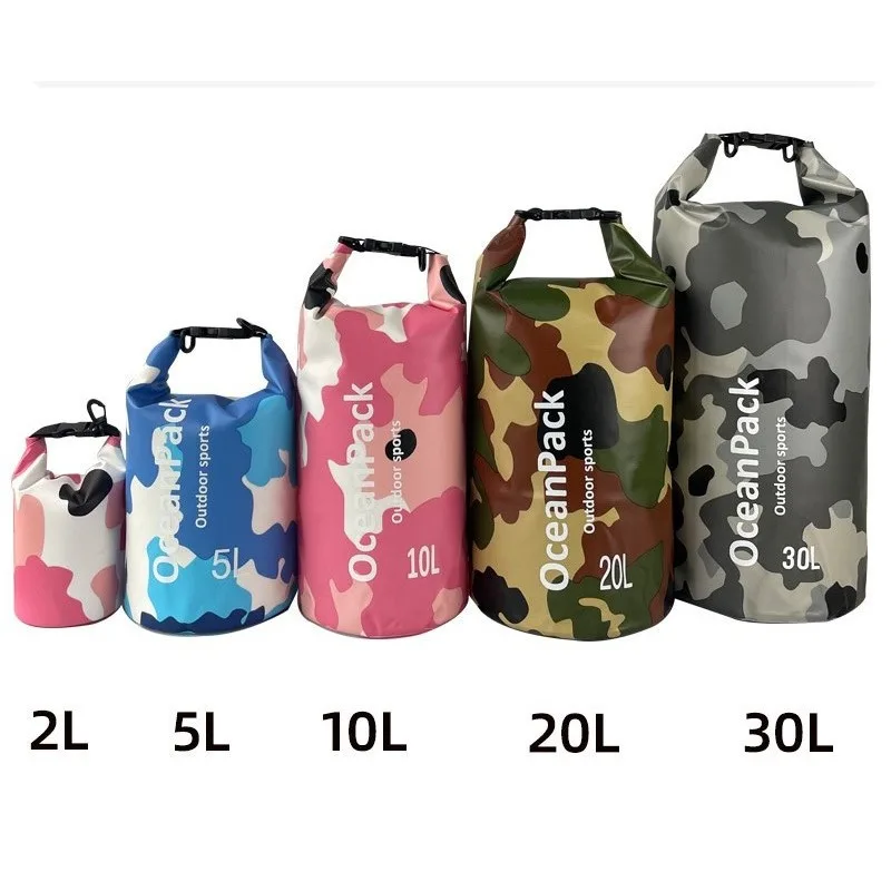 حقيبة سباحة للأطفال، حقيبة كاجوال للتخييم مقاومة للماء، حقيبة شاطئ الانجراف، حقيبة جافة، حقيبة دلو مقاومة للماء من مادة PVC المموهة