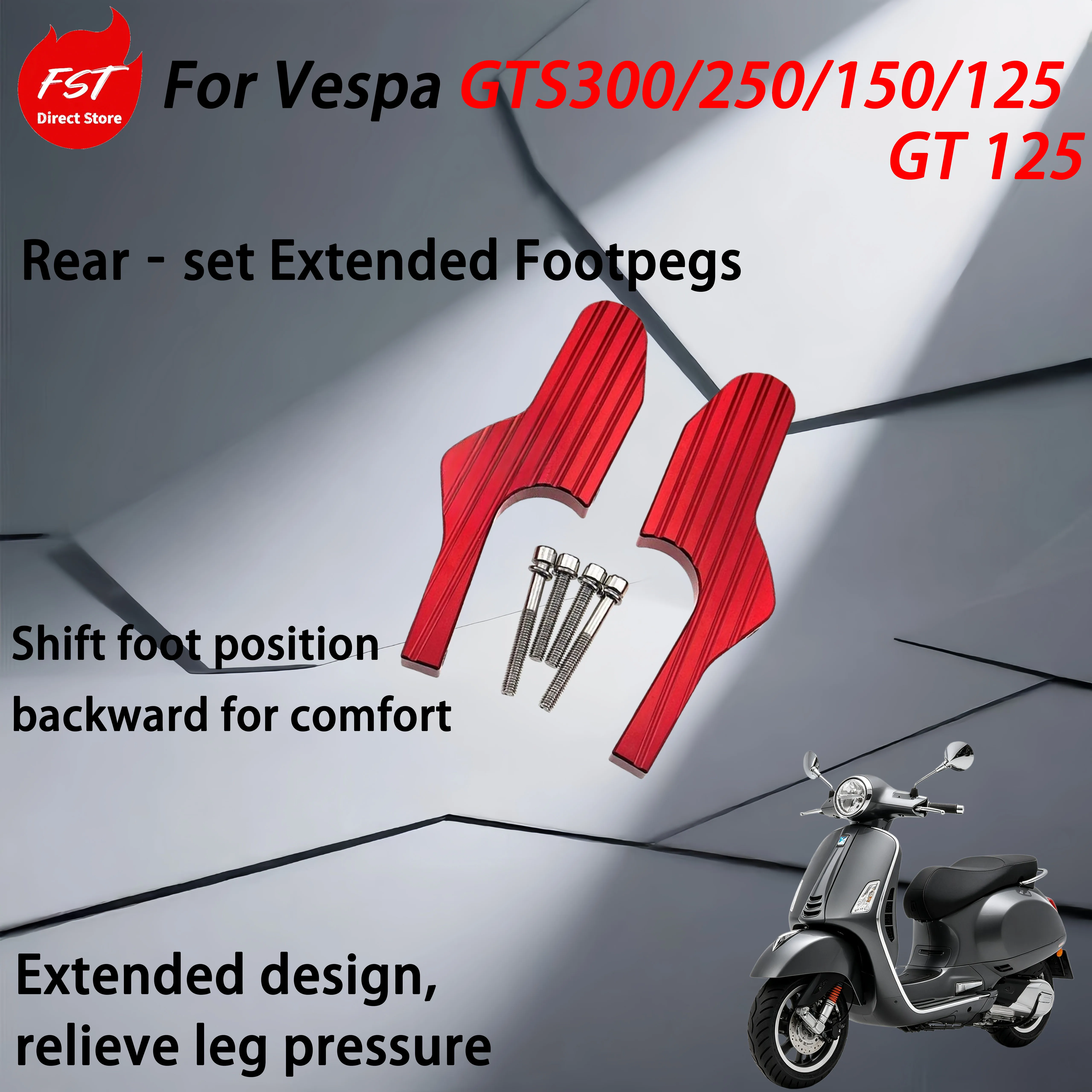 For Vespa GTS300/250/150/125/GT 125 models, add the accessory to extend the rear pedal length Rear‑set Extended Footpegs