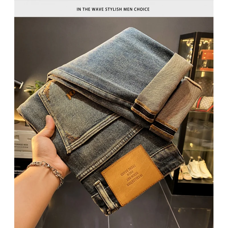 

Джинсы в стиле ретро, мужские прямые брюки, осень 2021, новые уличные модные элитные повседневные длинные брюки