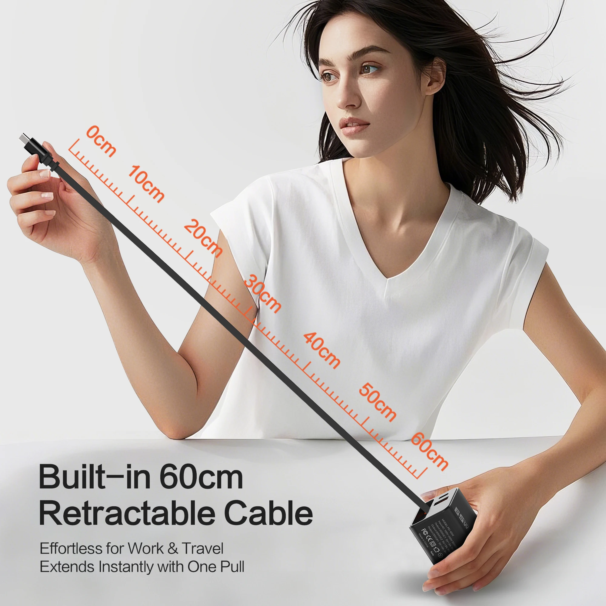 GaN Ladegerät PD65W Eingebautes ausziehbares USB-C-Kabel USB-C-Anschluss USB-A-Anschluss EU-Stecker Stromversorgung 30 W + 35 W einziehbares Kabel US-Stecker