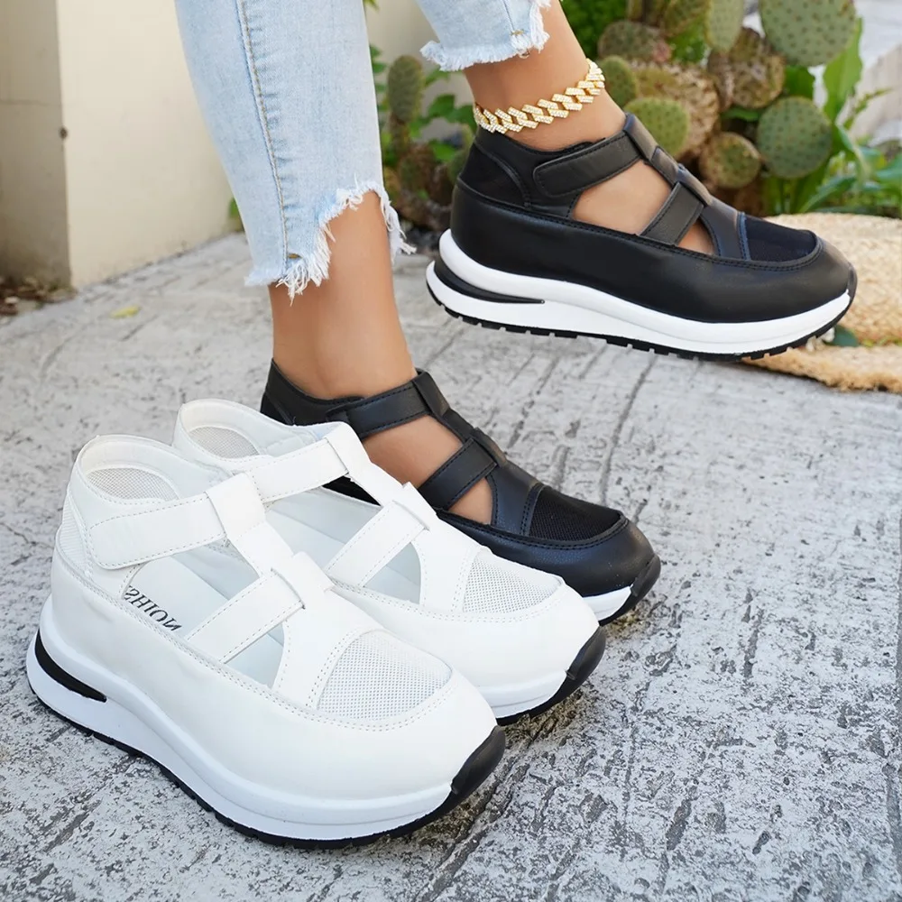 Women's Mesh Cutout Wedge Sneakers, Hook & Loop Ankle Strap Platform Shoes, Closed Toe Breathable Summer Walking Shoes