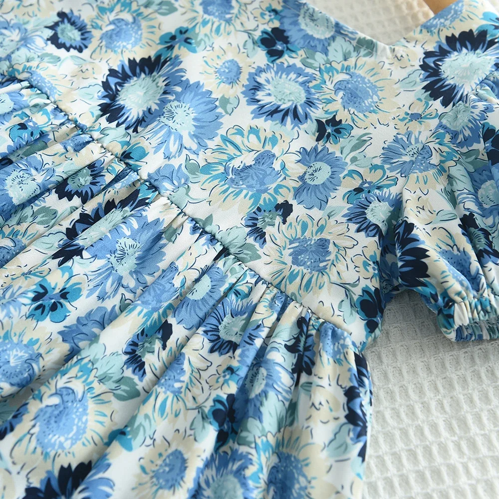 Kid\'s Dress For 2-6 Years Girls Blue Floral Short Sleeve Princess Dress Summer Fashion Kids Casual Dresses