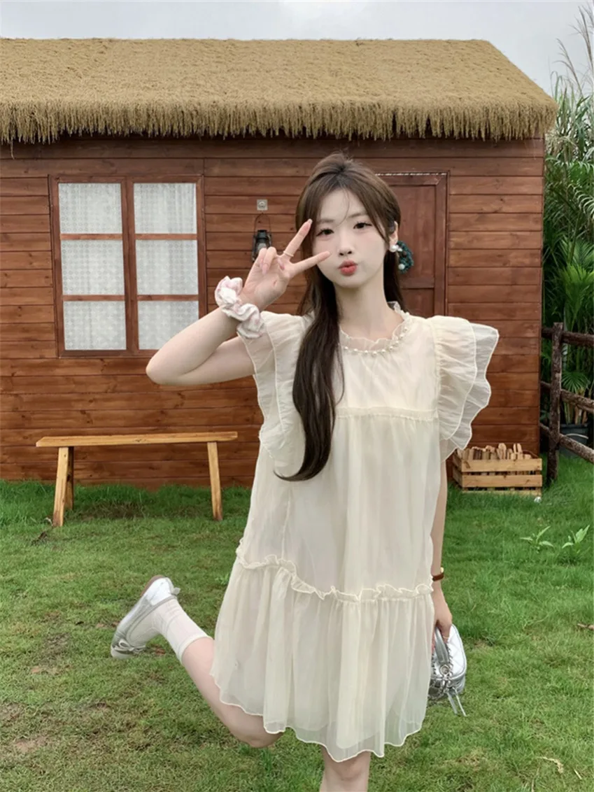 

Sweet Auricularia Edge Flying Sleeves Dress for Women Summer Mint Mambo Age Reducing Small Fresh Doll Skirt Short Beach Skirt