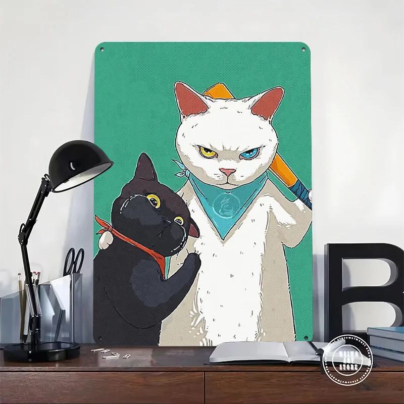 Two Cats With Bandanas and Baseball Bat Tin Poster Customized Wall Art Retro Vintage Metal Signs for Fans Room Office Decor Home