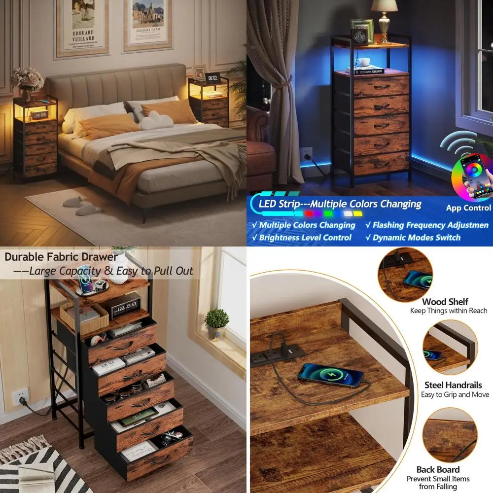 

Rustic Brown Tall Nightstand with LED Light, Charging Station, and Storage Bins