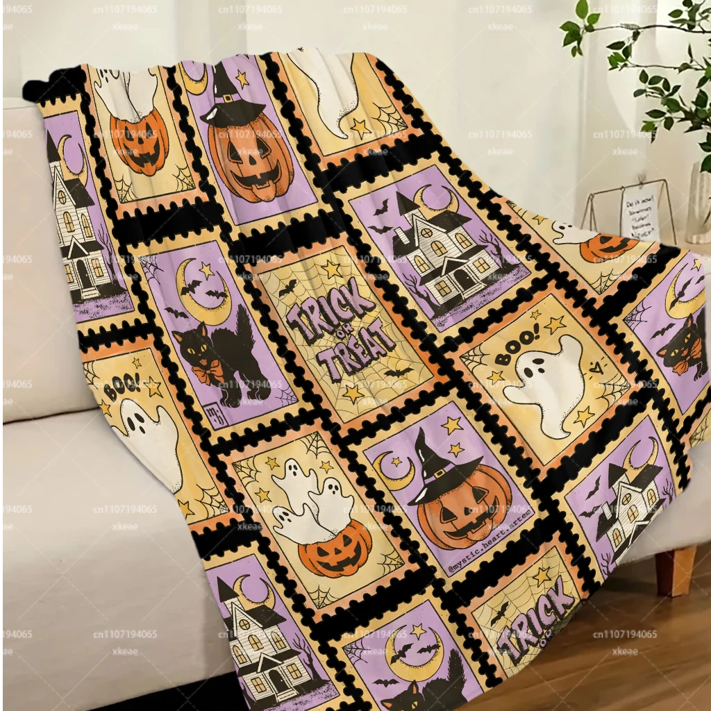 Halloween Stamp Print Flannel Blanket, Trick Or Treat Ghost Pumpkin Black Cat Haunted House Throw Blanket, Retro Holiday Soft