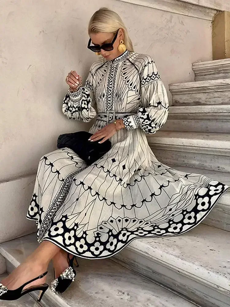 

Elegant Print Flower Patchwork Long Dress With Belt Fashion O Neck Long Sleeve Vestidos 2024 Lady Holiday Beach Party Dresses