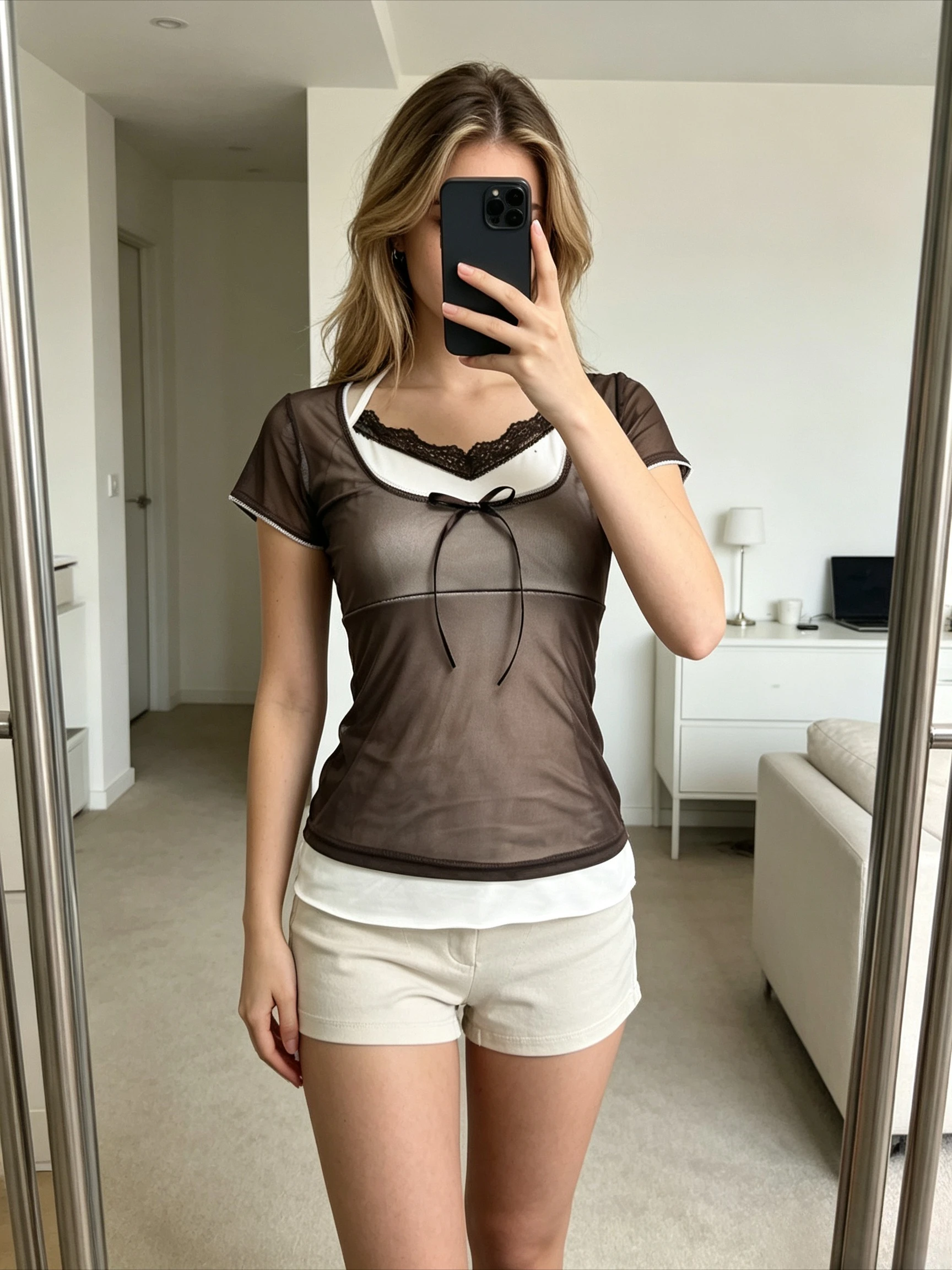 BrownFake Two Layer Short Sleeve Top Square Neck Puff Shoulder Lace Edge Halter Detail Front Ribbon Tie Slim Fit Layered Hem Tee
