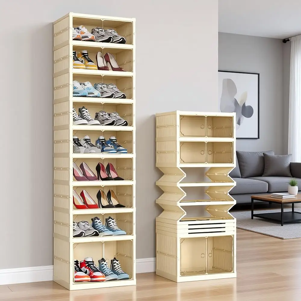 

9-Tier 18 Pairs Collapsible Shoe Rack Organizer, Plastic Shoe Shel, Shoe Box Storage Cabinet with Magnetic Clear Door Easy Assem