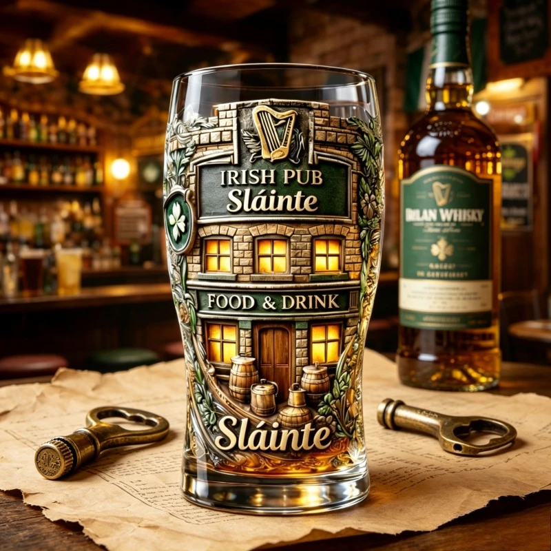 Retro Irish Pub Slainte 3D Embossed Beer Glass Vintage Celtic Harp Shamrock Pattern Large Capacity Pint Glass Home Bar Party