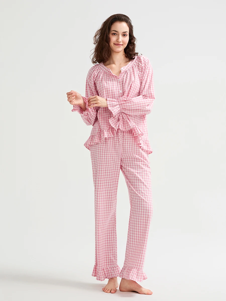 Conjunto de pijama a cuadros con volantes para mujer, cuello redondo, manga larga, botones, pantalones largos, ropa de descanso